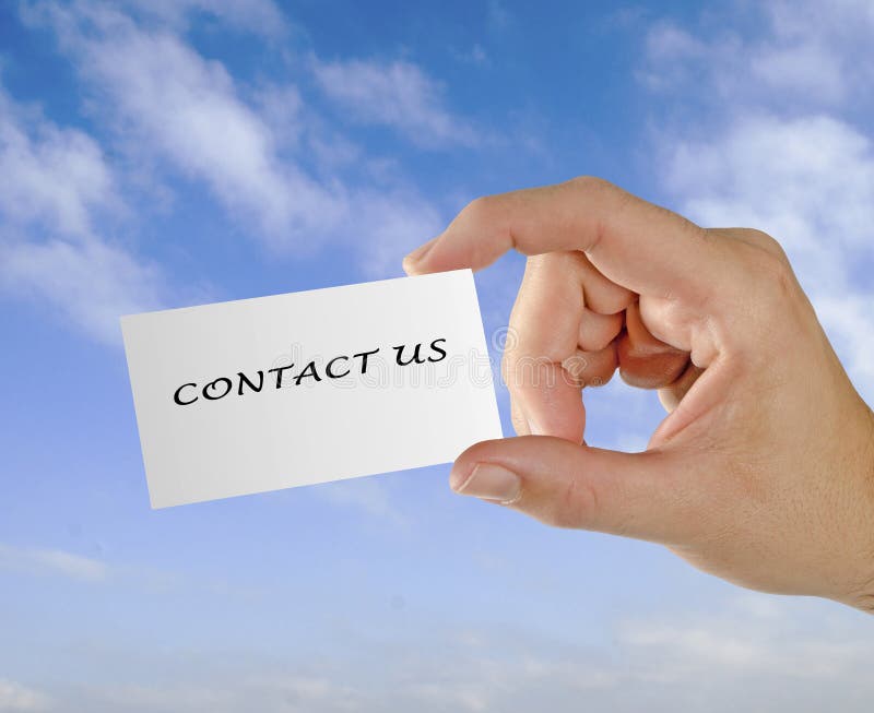 Hand with card CONTACT US stock image. Image of placeholder - 110920025