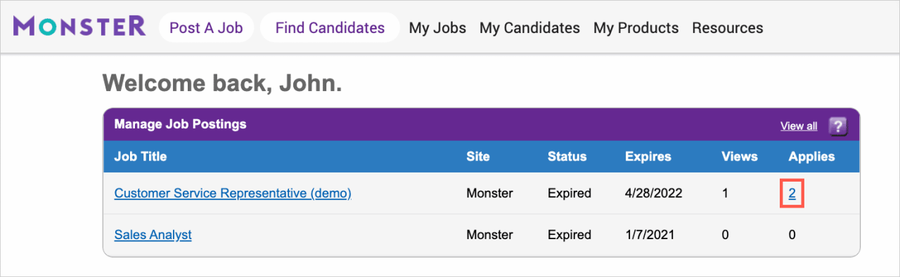 Monster Job Ads: View Candidate Applies | Monster.com